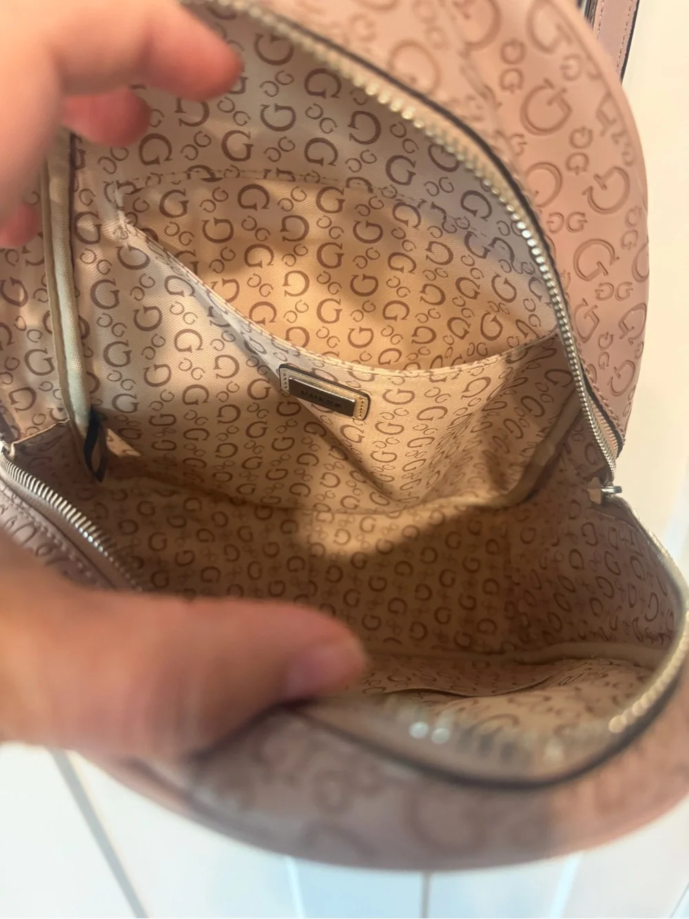 GUESS Pale Pink Leather Logo-Print Women’s Mini Backpack